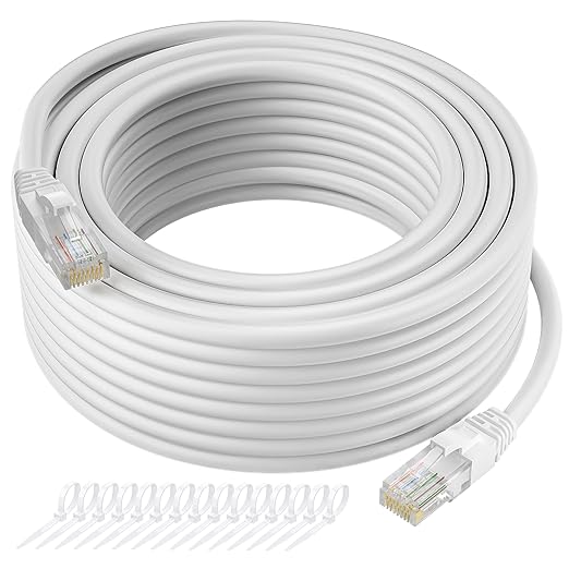 Cat5e Ethernet Cable 25 FT, Long Cat 5e Internet Cable, White Snagless Patch Cord, Flexible, Network, LAN, PoE, Standard RJ45 Connector for PC, Server, Router, Modem, TV, PS5 - with 15 Cable Ties