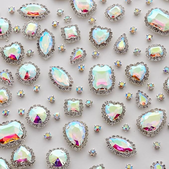 TANOSII Sew on Rhinestones 100 PCS Mixed Shapes Glass Rhinestones Sew on Crystal Gems Mental Flatback with Silver Claw for Jewelry Crafts Clothes Shoes Costume Garment AB White Type 1