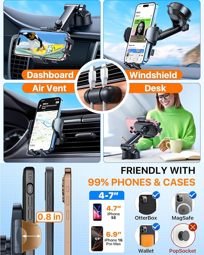 HTU 2025 Best Car Phone Holder 【Ultimate 5-in-1 & Upgraded 100+LBS Strongest Suction】【True Military-Grade & Safety Cert】 360° Windshield Dashboard Vent Mount for iPhone Android & Truck, Deep Black