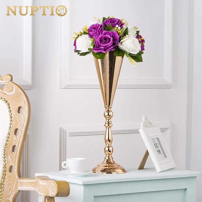 NUPTIO Pcs of 2 Fake Flower Ball Arrangement Bouquet,15 Heads Plastic Roses with Base, Suitable for Our Store's Wedding Centerpiece Flower Rack for Parties Valentine's Day Home Décor (Purple & White)