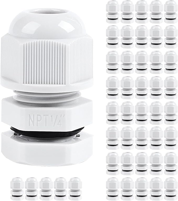 XHF 45 Pcs 1/4 Inch IP68 Strain Relief Nylon Cord Grip NPT Cable Glands Adjustable UL Listed and RoHS Compliant (Grey)