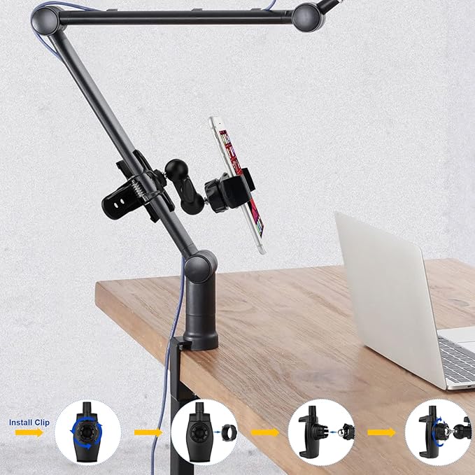 Clamp Phone Stand Holder for Desk/Table/Glass/Baffle/Easel/Guitar Head,360°Adjustable Aluminium Alloy Arm Metal Phone Mount,Compatible with iPhone/Nexus/HTC/LG/Huawei/Smart Phones