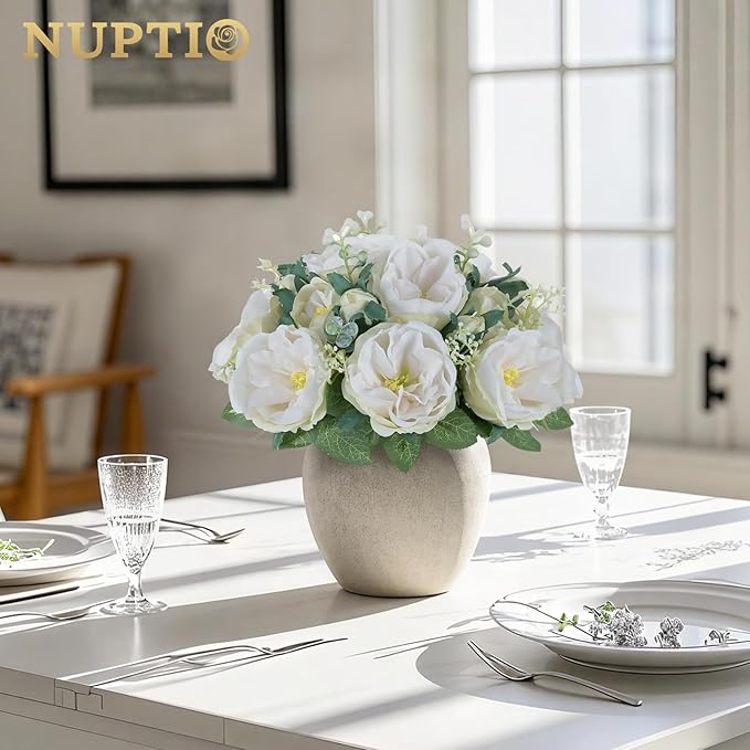 NUPTIO Artificial Flowers Ball Centerpieces: 10 Pcs 9.8 Inch Diameter Fake Kissing Rose Floral Balls for Wedding Party Bridal Shower Valentine Home - White Bouquet Arrangement Decorations for Table