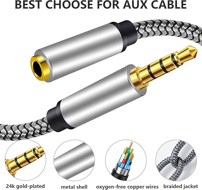 Male to Female Audio Cable 3Ft,Tan QY Male to Female for Phone Headphone Conversion Cord 3.5mm 4 Pole Audio Adapter for Tablet/PC/ PS4 and More (3Ft, Silver)