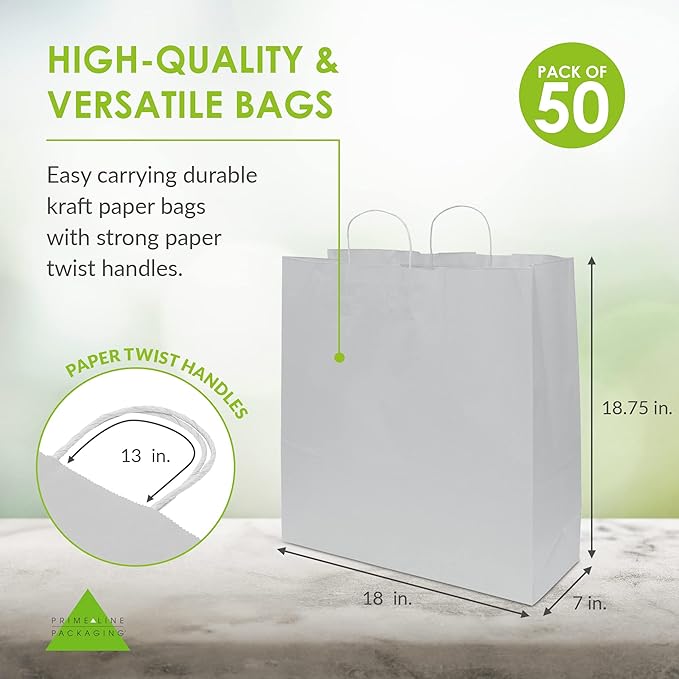 Prime Line Packaging White Gift Bags, Kraft Shopping Bags Extra Large with Handles for Small Business, Boutiques, Retail, Merchandise, Bulk,18x7x18.75, 50 Pack