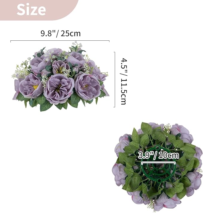 NUPTIO Artificial Flowers Ball Centerpieces: 10 Pcs 9.8 Inch Diameter Fake Kissing Rose Floral Balls for Wedding Party Bridal Shower Valentine Home - Purple Bouquet Arrangement Decorations for Table