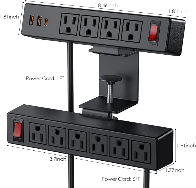 Desk Clamp Power Strip with PD20W USB-C, 2 in 1 Dual Layer Under Desk Power Strip, Removable Clamp Power Socket with 10AC Outlets & Switch, 10ft Extension Cord(ETL Listed)