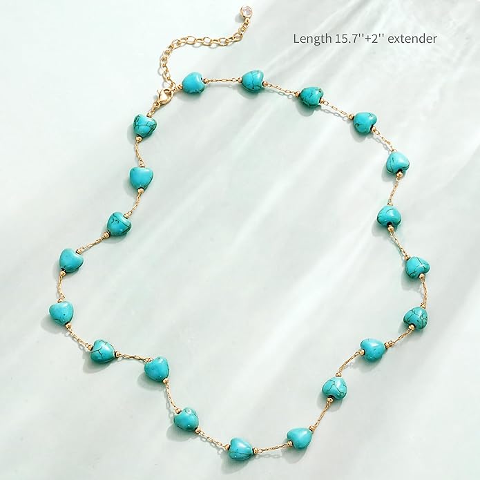 Created Turquoise Necklace for Women 14K Gold Plated Beaded Heart Choker Boho Necklaces Handmade Beach Summer Everyday Western Jewelry Gifts