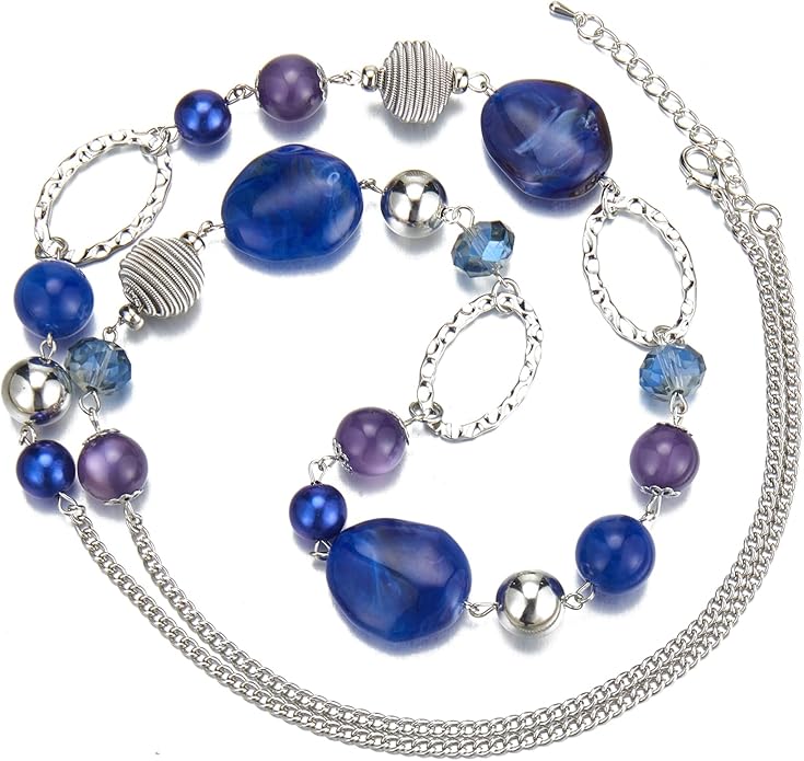 BULINLIN Beaded Long Necklace for Women Silver Sweater Chain Necklace with Crystal Resin Beads, Fashion Jewelry Necklace