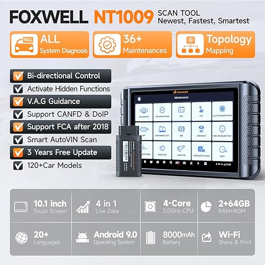 FOXWELL NT1009 All-System Bi-Directional Scan Tool with All Reset Services, Topology Mapping, V.A.G Guide & FCA SGW Support, CAN-FD DoIP Diagnostic Scanner for All Cars, 3-Year Free Updates