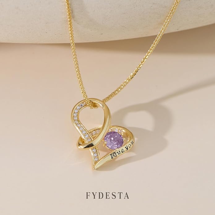 Enduring Hearts Purple Zircon Necklace for Women - 14K Gold Plated Copper Infinity Pendant, Dainty Everyday Jewelry