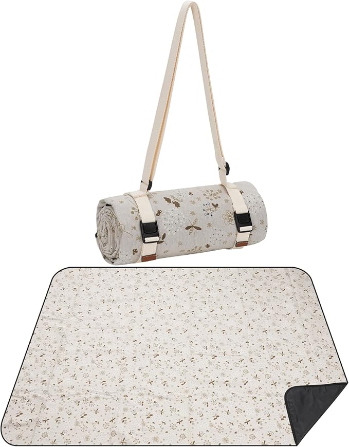 Large Picnic Blanket, Beach Mat Sand Free Washable, Waterproof Camping Emergency Blankets, Picnic Baskets Accessories with Waterproof Backing and Shoulder Strap - WhiteKapok