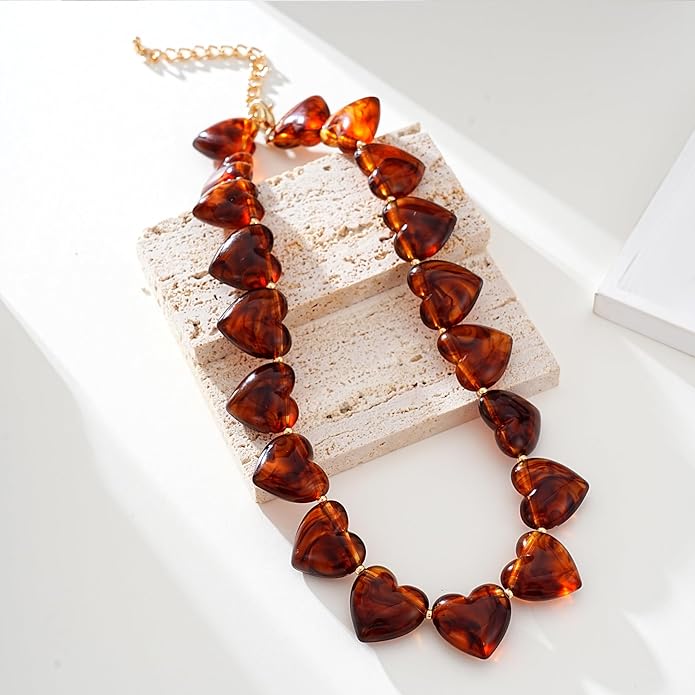 Large Acrylic Heart Necklaces for Women Chunky Puffy Heart Pendant Necklace Exaggerated Statement Love Beaded Choker Necklace Jewelry