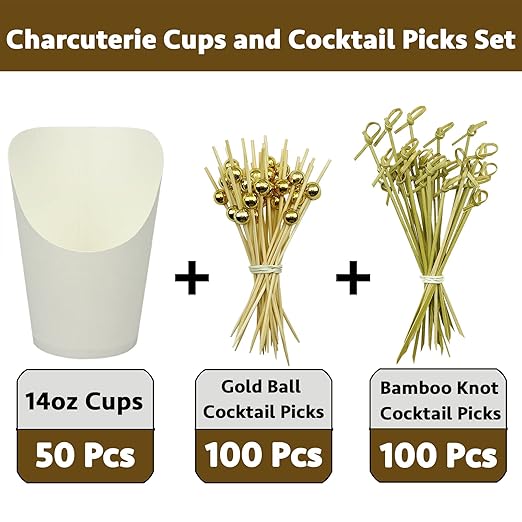 CAMKYDE [50 cups + 200 picks] 14 oz Disposable Charcuterie Cups with Sticks (White)