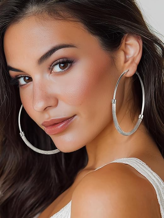 KeyStyle Mesh Hoop Earrings for Women, Stainless Steel Gold Hoops Earring Lightweight Loops, 2MM Thick Hypoallergenic Circle Endless Hollow Hoop 20mm-80mm