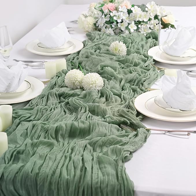10PCS Sage Green Cheesecloth Table Runner 10ft Boho Gauze Fabric Cheese Cloth Table Runner Comes with 10 Cloth Napkins Runner for Romantic Wedding Birthday Shower Party Table Decoration