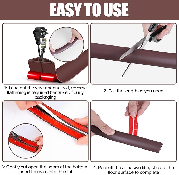 Floor Cord Cover Cavity 0.8"x0.37" Self Adhesive Cord Hider, 10FT Low Profile Cable Management, Extension Strip Protector for Wires, Prevent Cable Trips for Offices, Gyms, Exhibitions（Coffee）
