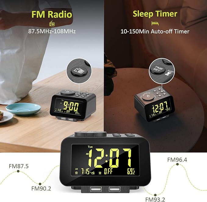uscce Alarm Clock Radio for Bedroom - 0-100% Dimmer, 2 USB Chargers, Dual Alarm with Weekday/Weekend Mode, FM Radio w/Auto-Off Timer, Battery Backup, Loud Alarm Clock for Heavy Sleeper(Wood Grain)
