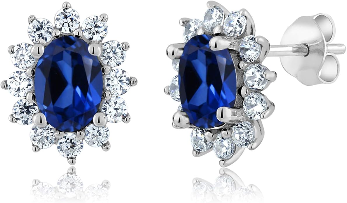 Gem Stone King 7X5MM Oval Gemstone Birthstone Stud Earrings For Women | Princess Diana Royal Halo Style | 925 Sterling Silver | Fine Jewelry Gifts for Anniversary Wedding Her Mom Women Wife