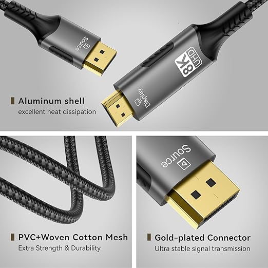 FDBRO 8K DisplayPort to HDMI Cable Active 8K@60Hz 4K@120Hz 32.4Gbps, Uni-Directional, DP 1.4 to HDMI 2.1 Cord Support HDR/HDCP 2.2/DSC 1.2 for Gaming Monitor, TV, PC (Gray & Black, 1M (3.3FT))