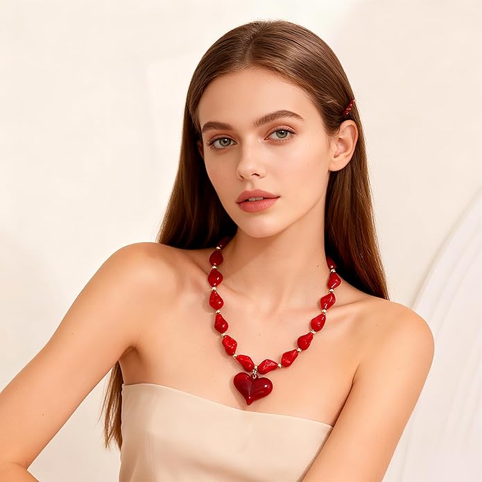 Large Acrylic Heart Necklaces for Women Chunky Puffy Heart Pendant Necklace Exaggerated Statement Love Beaded Choker Necklace Jewelry