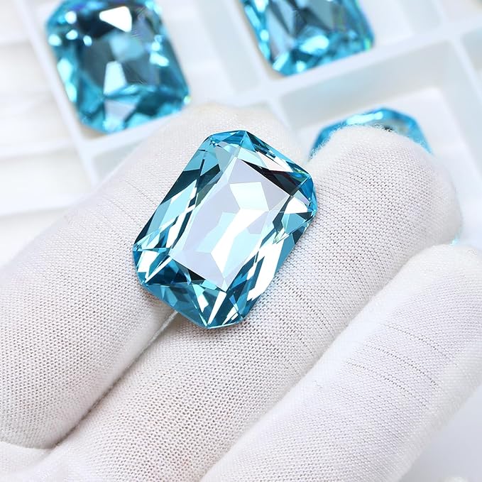8Pcs Octagon Crystal Pointback Rhinestones,27 * 18.5mm Large Glass Rhinestones Gem Stones for Crafts Dress Shoes Jewelry Making，Light Lake Blue