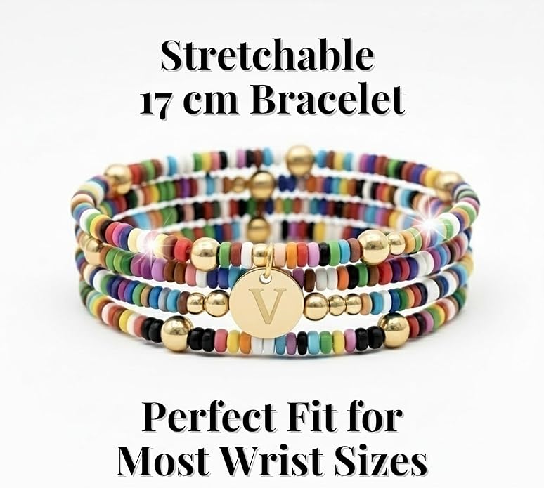 Set of 4 Colorful Bead Initial Bracelets, Personalized Stackable Jewelry, Adjustable Stretchy Charm Bracelets for Women, Beaded Bracelet Set, Trendy Custom Jewelry Gift