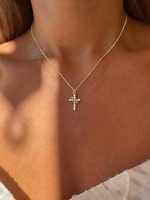 Tewiky Christian Gift Stocking Stuffers Cross Necklace for women-Dainty 14k Gold Plated/Silver Plated Pendant Necklaces Simple Cute Tiny Necklace Jewelry for Women
