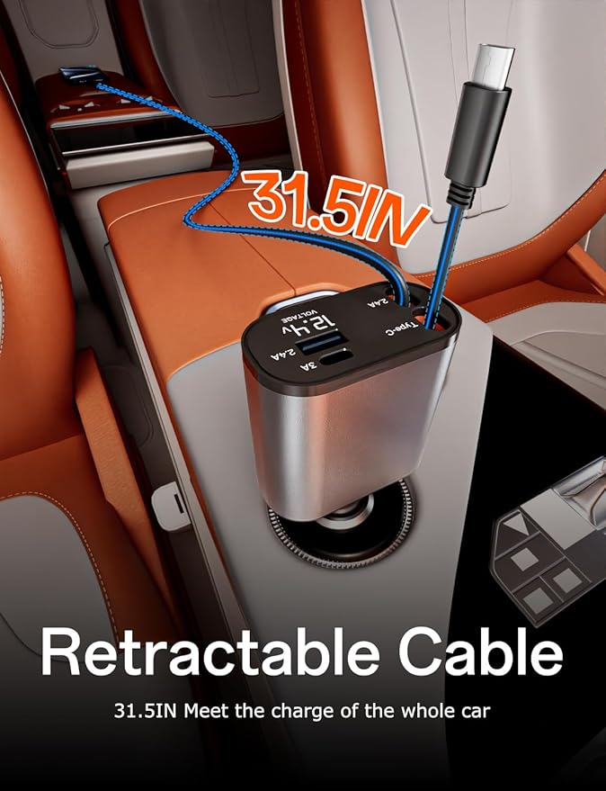Retractable Car Charger with Dual Retractable Cords, Type-C Cable Fast Charging Up to 100W, 4 in 1 Fast Car Phone Charger with Voltage Display for iPhone 16/15/14/13/12 Pro Max,iPad,Samsung