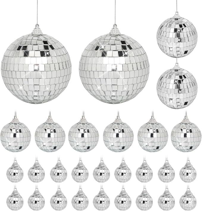 Mini Mirror Disco Ball Ornaments: Hanging Disco Ball Silver Party Decorations Set 28 Pack - Small Mirror Balls Decor for Wedding Christmas Birthday Cake Topper (1.2/1.6/2/2.4 Inch)