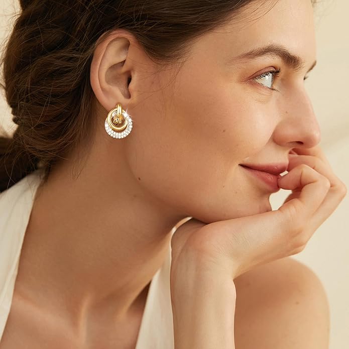 14K Gold Plated Chunky Clip On Earrings for Women 14k Gold Knot Link Clip Earrings Silver Rhinestone Hoop Clip On Earrings Jewelry for Women