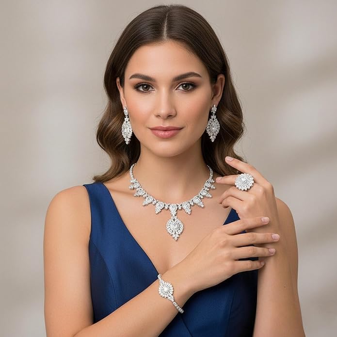 Rhinestone Wedding Bridal Jewelry Set Women's Prom-Style Necklace, Earrings, Bracelet, Ring Bridesmaid Gift Pairs with Evening Gown