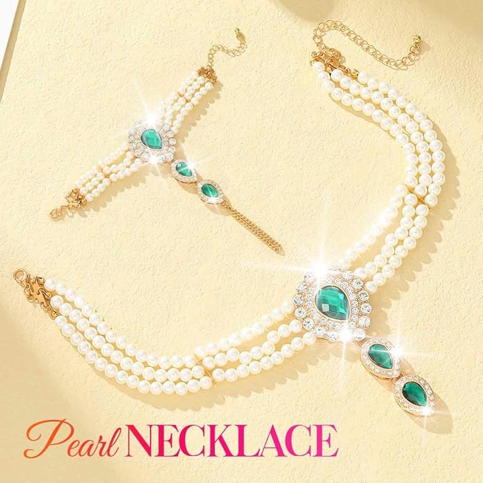 Brishow Pearl Choker Necklaces Set Green Crystal Bridal Jewelry Sets for Wedding Layered Pearl Costume Jewelry Bracelets Set for Women