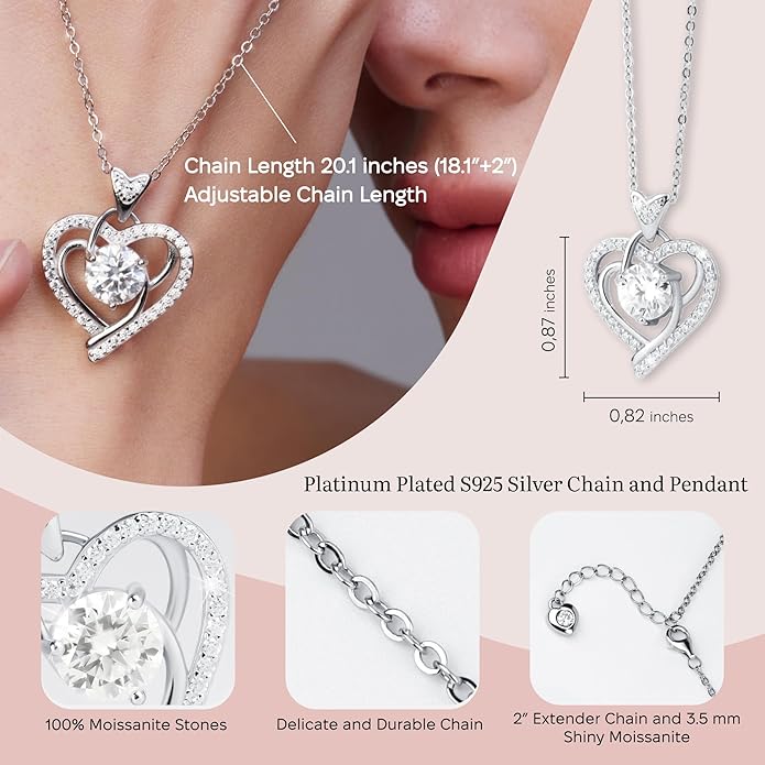 Valentines Day Moissanite Pendant Necklace for Women – 925 Sterling Silver Necklace for Women Heart Pendant, Dainty Silver Jewelry Gift Box for Mom Wife Girlfriend – Birthday Anniversary