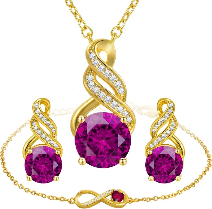 Jewelry Sets for Women-18K Gold Plated Dainty Birthstone Pendant,Trendy Necklace Earrings Infinity Bracelets Set,Ideal Jewelry Gifts for Her Mom
