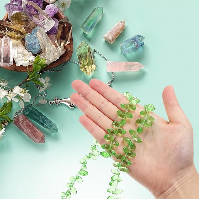 PATIKIL 2 Strands 180-190Pcs Teardrop Crystal Beads, 12x6mm Faceted Teardrop Briolette Horizontal Glass Beads Loose Bead for Bracelet Jewelry Making, Light Green