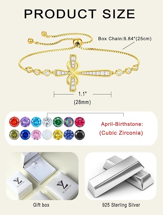 YL Cross Bracelet 925 Sterling Silver Infinity Sideways Link Bracelet Birthstone Jewelry for Women