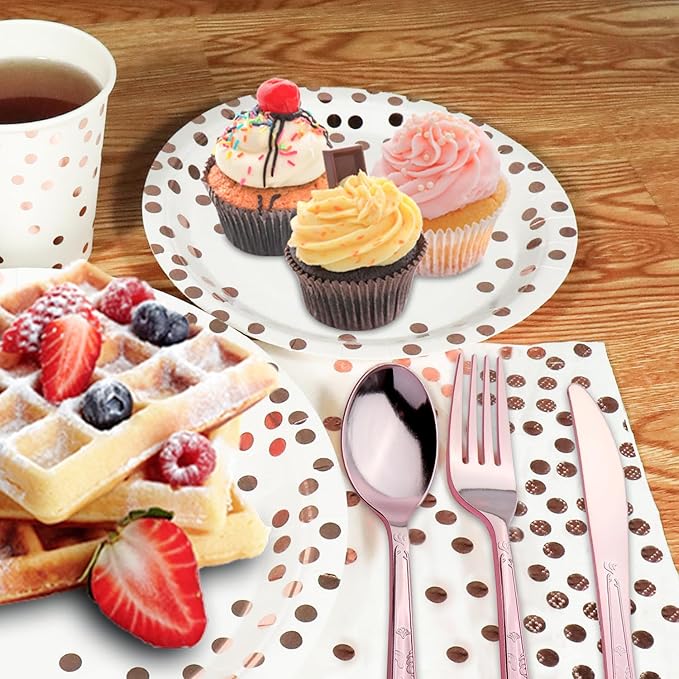 176 Pieces Rose Gold Disposable Party Dinnerware Set &Golden Dot Disposable Party Dinnerware - White Paper Plates Napkins Cups, Gold Plastic Forks Knives Spoons (25 Guests,176 Pieces)