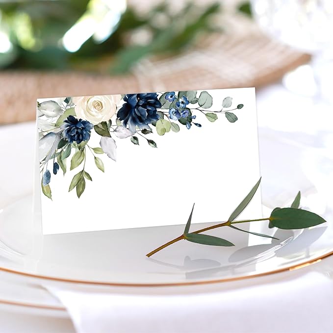 Whaline 100Pcs Floral Place Cards 2 x 3.5 Inch Watercolor Blue White Flower with Leaves Tented Seating Cards for Wedding Bridal Shower Party Table Setting