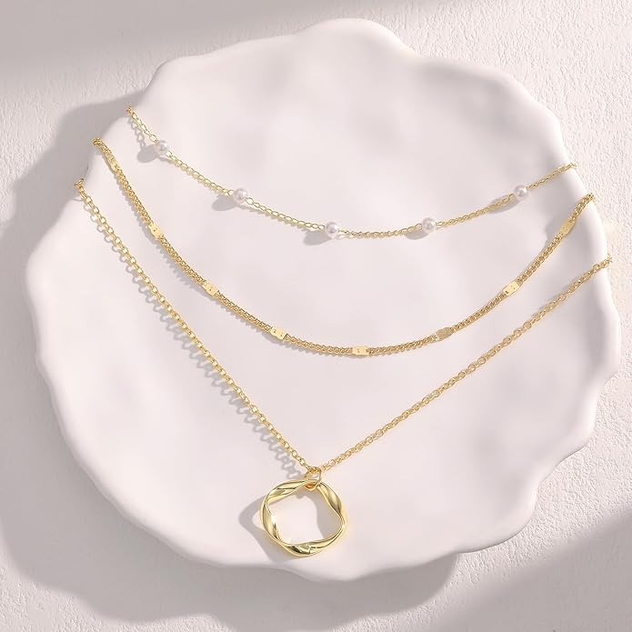 Evabelle Gold Layered Necklace for Women Trendy Jewelry 14K Real Gold Plated Chunky Chain Stackable Necklaces Dainty Choker Necklaces Rectangle Square Pendant