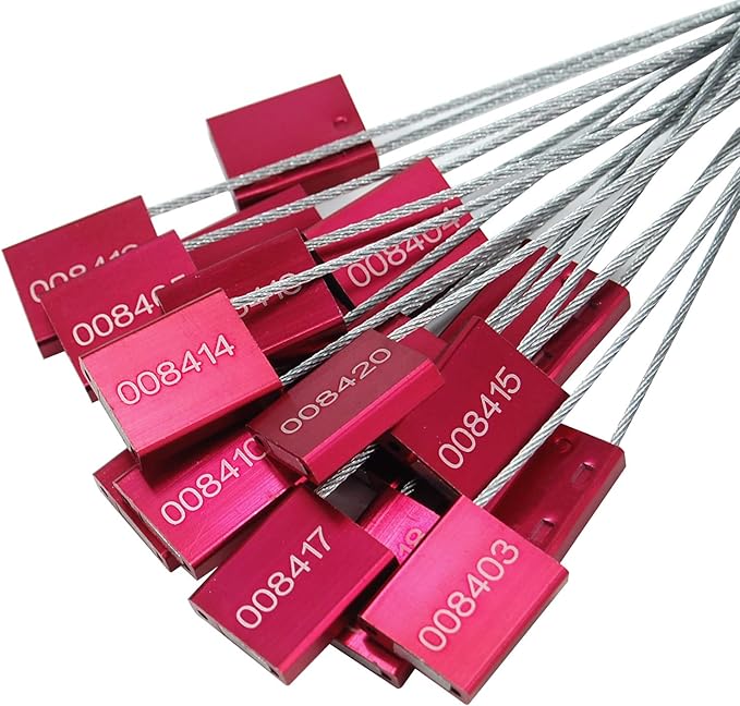 Leadseals(R) 200 Red Steel Cable Seals Metal Security Tag Numbered Truck Trailer Seal Anti-Tamper Pull-Tite Security Seal Aluminum Body Transport Shipping Seal Self-Locking Safety Ties ISO 17712