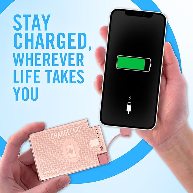 AquaVault ChargeCard – Ultra Slim Emergency Power Bank (2300mAh) – Fits in Wallet – USB-C & Micro-USB – Durable Steel Body – Flight-Safe Pocket Charger for iPhone 16/15/14/13/12, Android - (Rose Gold)