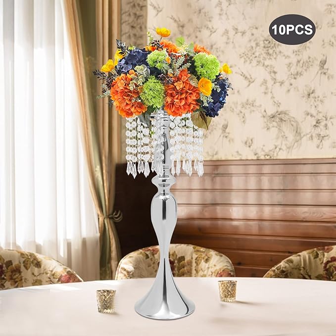 Wedding Centerpieces Gold Vases,10PCS Metal Flower Candle Holder with Sparkling Crystal Beads,Crystal Flower Vase Metal Flowers Stand for Party Tables Decorations (10PCS-Sliver-17cm)