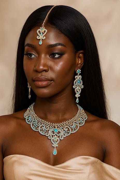 Touchstone Indian jewelry set for women bollywood gold jewellery wedding outfits necklace sets earrings bridal maang tikka fancy costume girls big desi accessories rhinestone in gold or silver tone