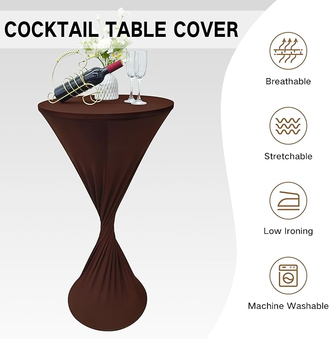 2PCS 24x43 Inch Round Fitted Cocktail Table Cover Brown Spandex Cocktail Table Cloth Highboy Fitted Tablecloth High Top Table Cloths for Party Pub Banquet Bistro