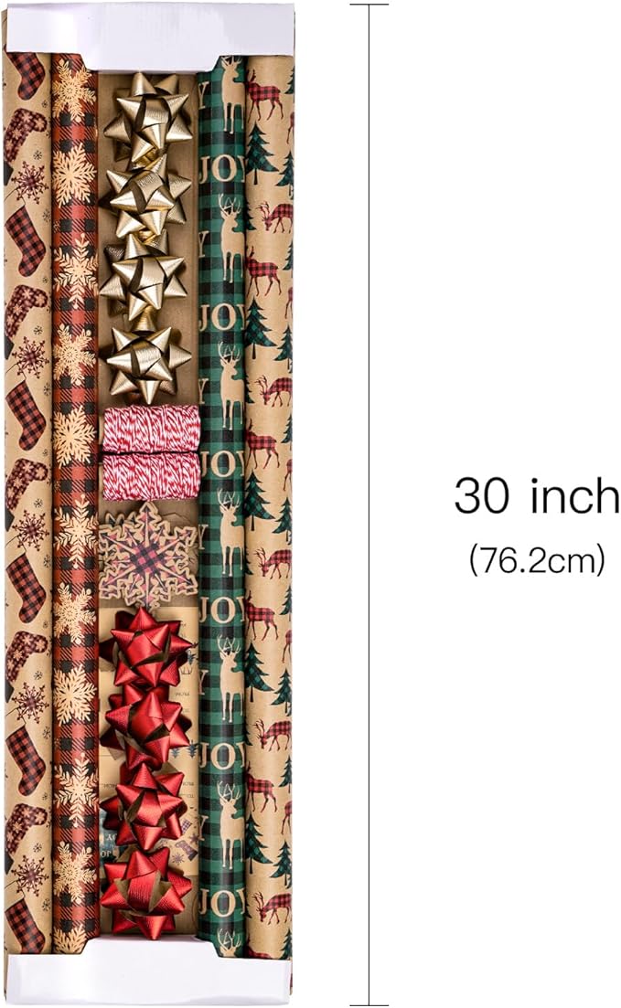 RUSPEPA Christmas Wrapping Paper Rolls with Tags, Jute String and Gift Wrap Bows - 30 inches x 10 feet per Roll, Total of 4 Rolls