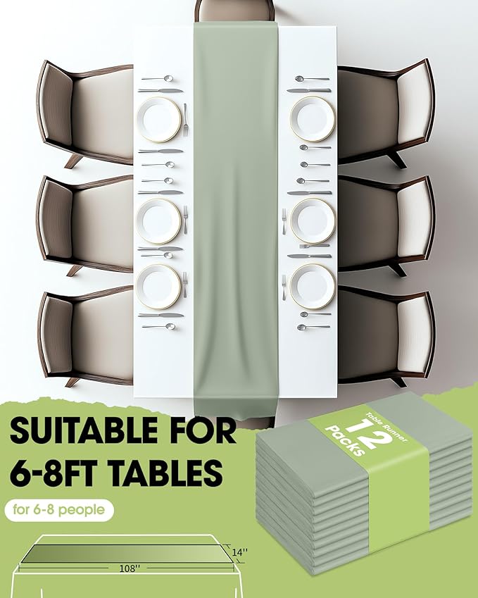 Pureegg Sage Green Plastic Table Runners - 12 Pack, 14'' x 108'', Water Resistant & Disposable Centerpiece Decorations for Table Cloth, Wedding, Birthday, Holiday, Baby Shower, Party, Home Decor
