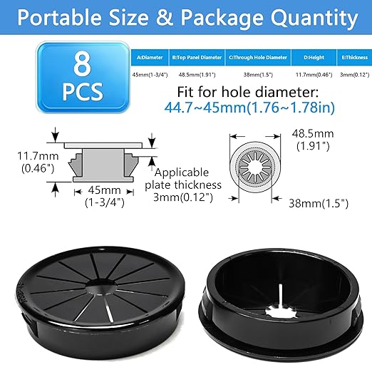 8 Pcs Cable Grommet, Snap Bushing 1-3/4" (45 mm) Mounting Diameter, Flexible Petal-Shaped Buckle Round Nylon Desk Grommet for Wires Through Countertop Cord Organizer and Protection, Black