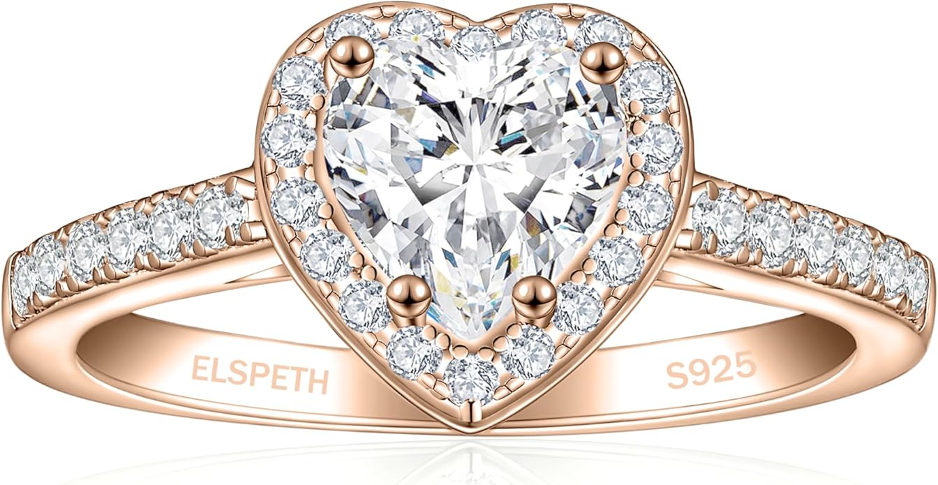 Elspeth 925 Sterling Silver Heart Engagement Ring for Women Heart Cut Cubic Zirconia Promise Ring Size 4-10