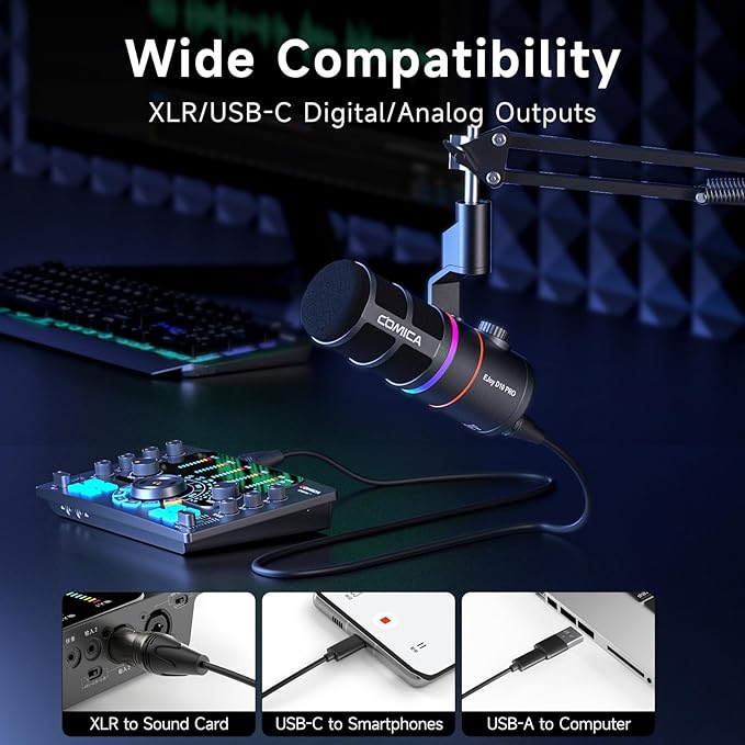 EJoy D10 PRO(A) USB Wireless Gaming Microphone – Boom Arm Mic with Wired/Wireless Modes, XLR/USB-C, Real-Time Monitoring, 45H Battery, RGB Dynamic Mic for Gaming, Streaming, Podcast, Recording (Black)